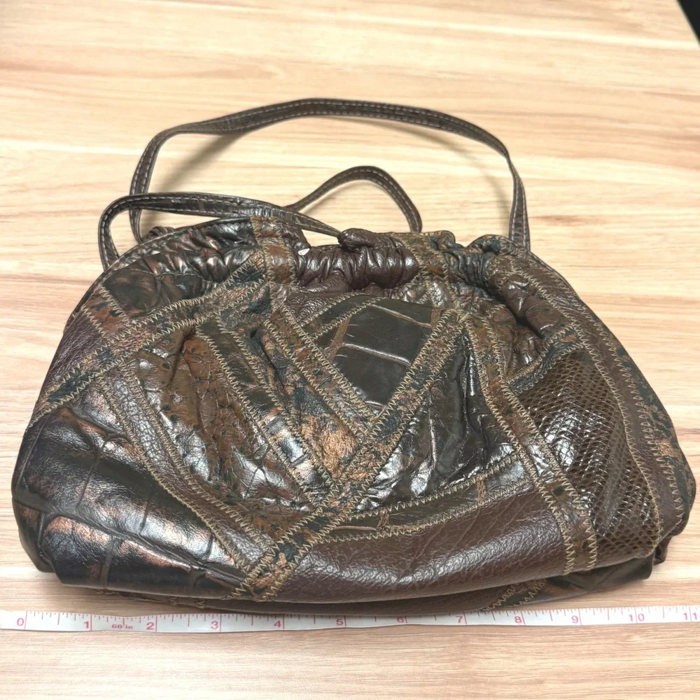 Vintage Brown Patchwork Leather Exotic Embossed Frame Shoulder Bag Bronze 11x7